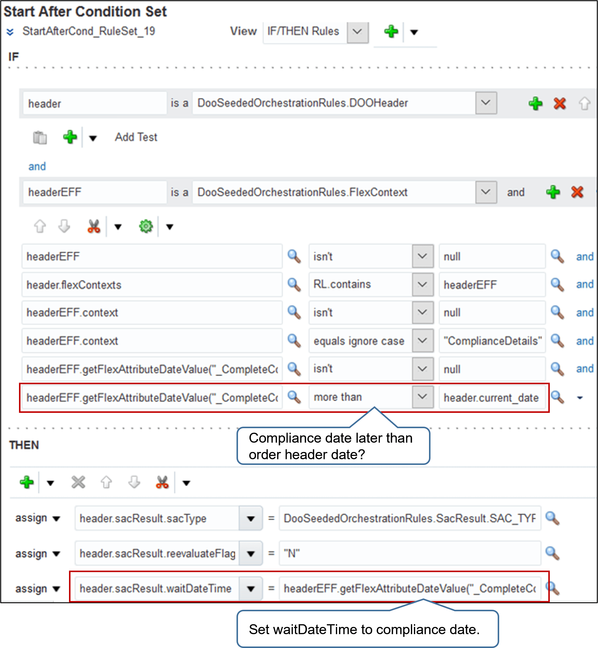 rule that sets waitDateTime to the compliance date