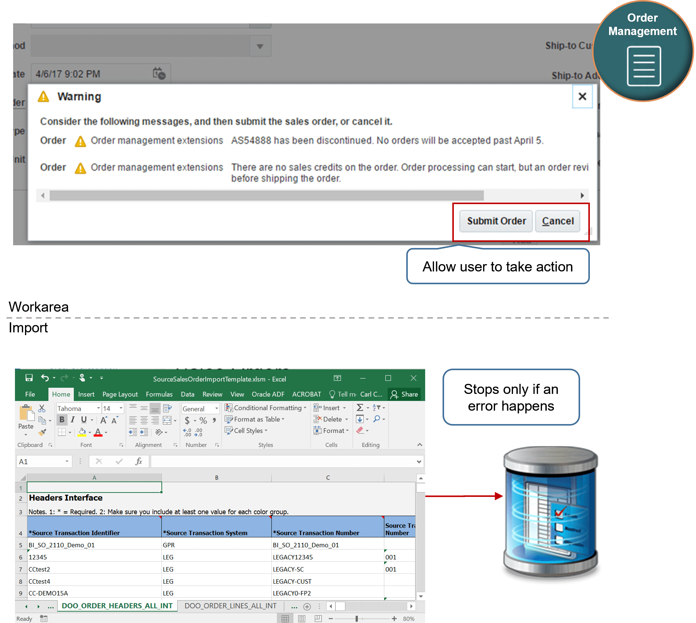 behavior differences depending on whether your extension creates a warning message or error message