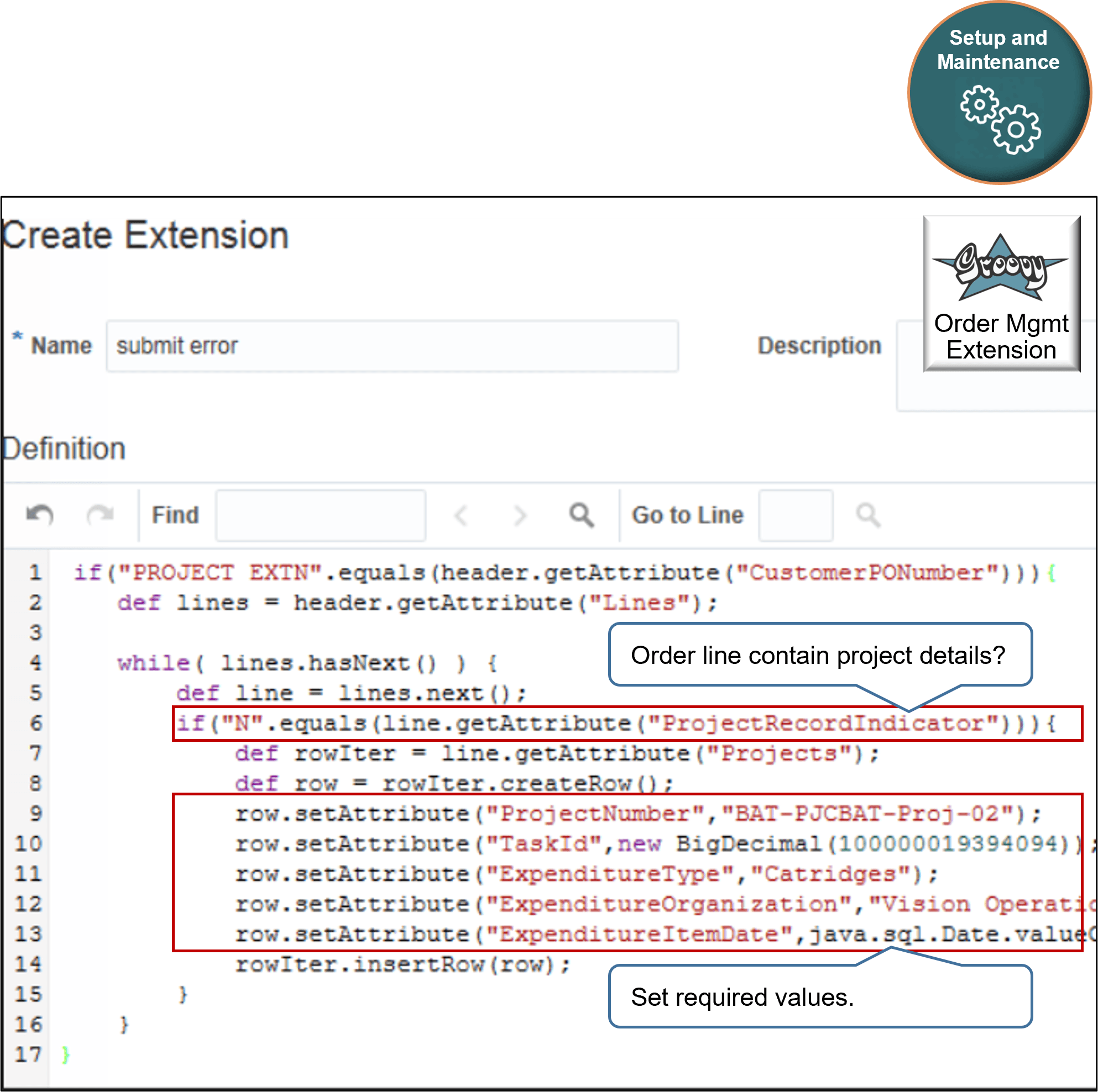 Project attributes in an order management extension