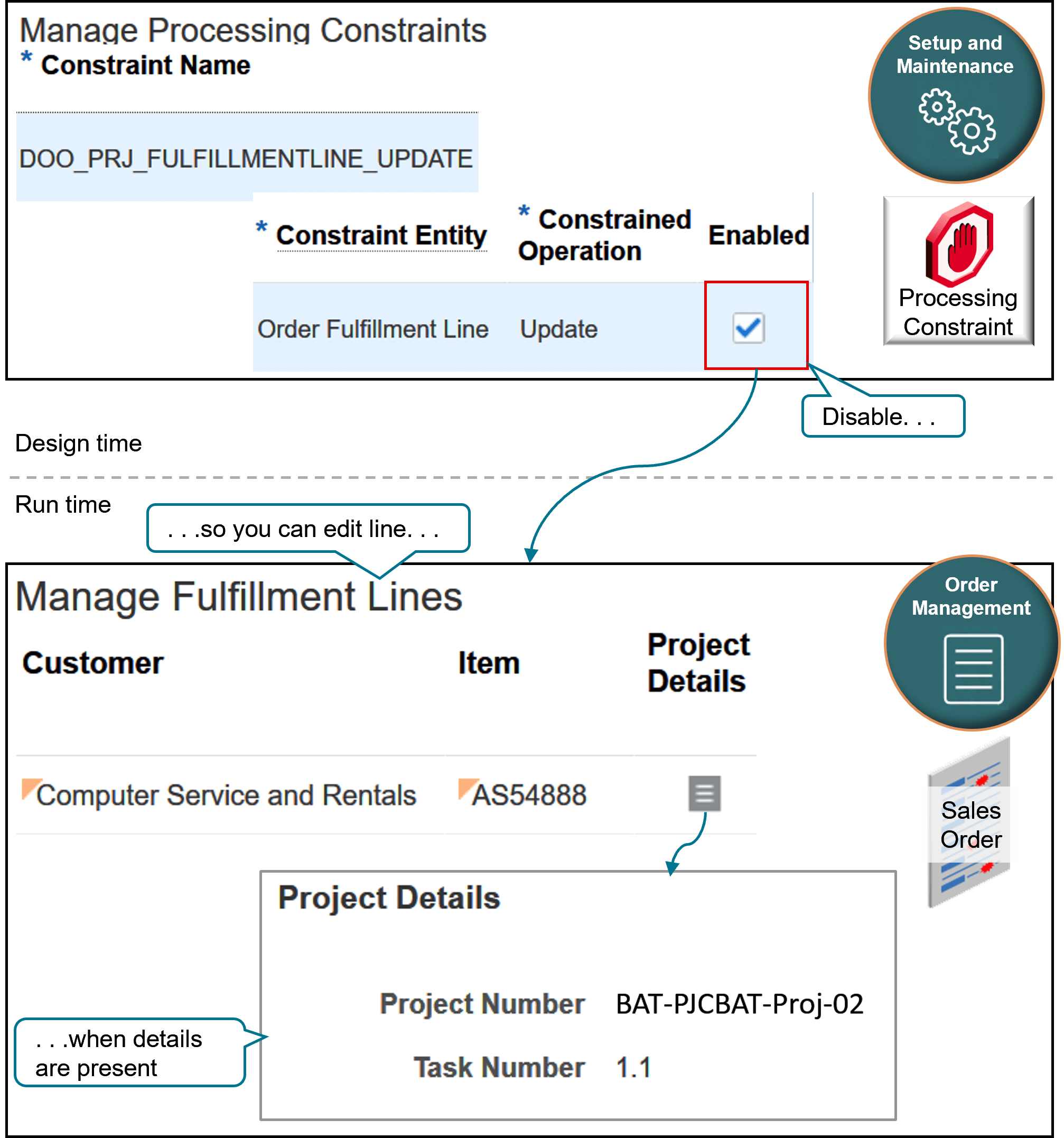 The DOO_PRJ_FULFILLMENTLINE_UPDATE processing constraint comes predefined to prevent the Order Entry Specialist from updating an order line that includes project details.