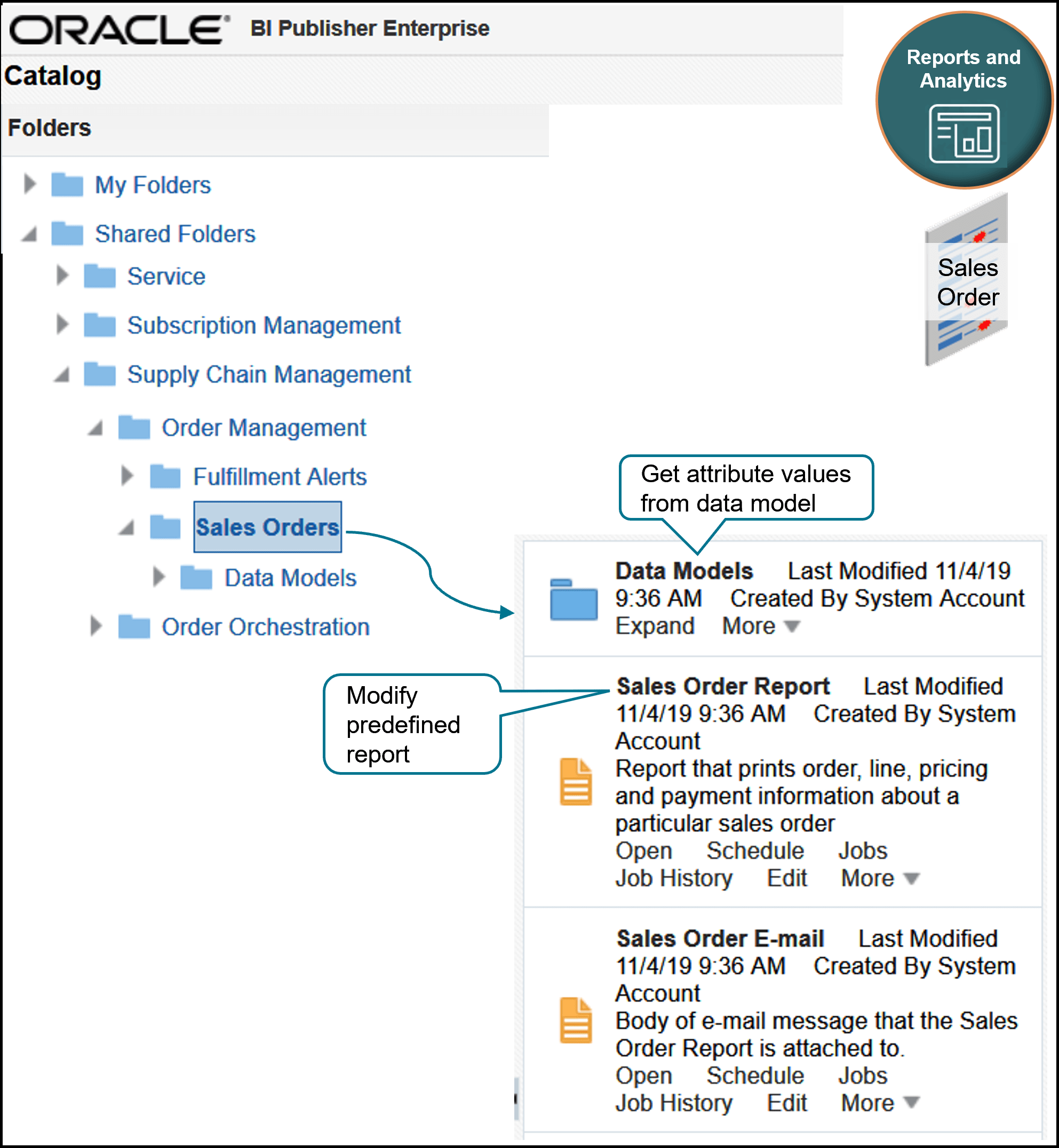 The Reports and Analytics work area comes predefined with several reports that you can use for Order Management.