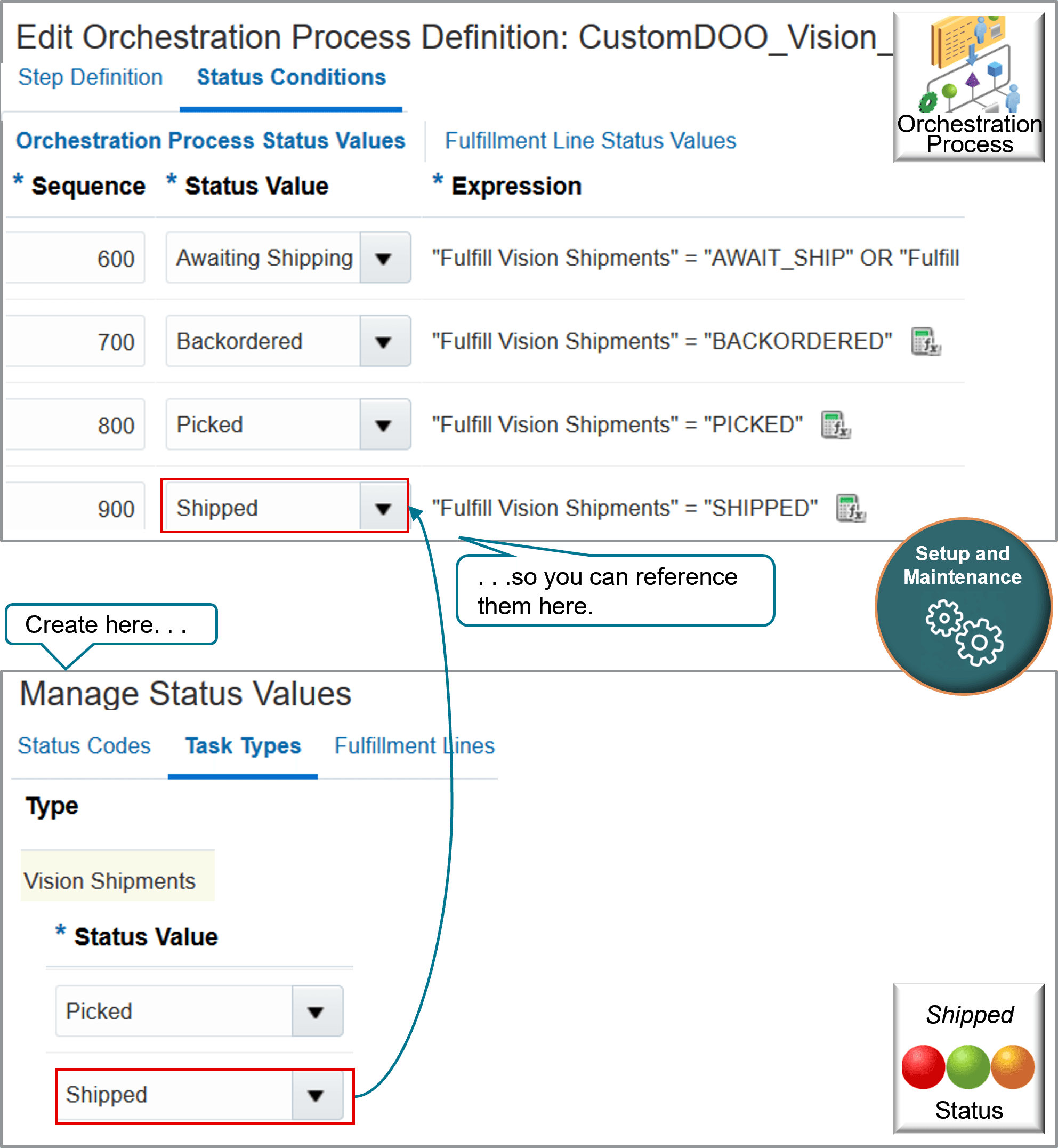 Create status values on the Manage Status Values page so you can reference them when you set up the orchestration process.