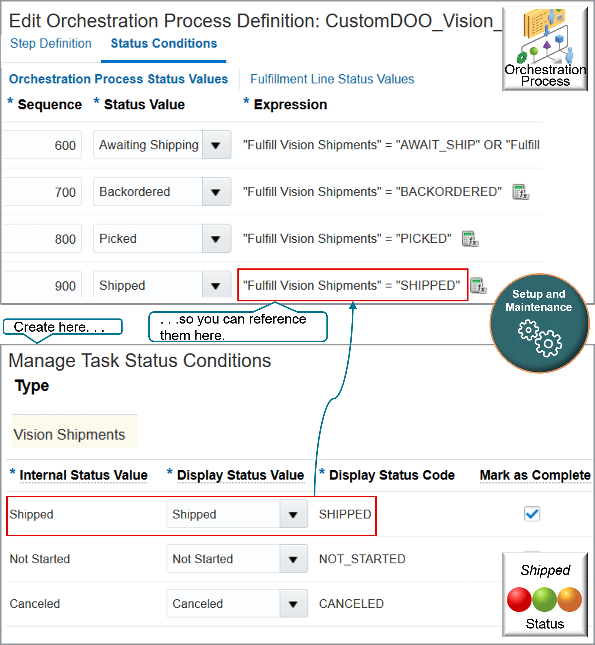 Create status values on the Manage Task Status Conditions page so you can reference them when you set up the orchestration process.
