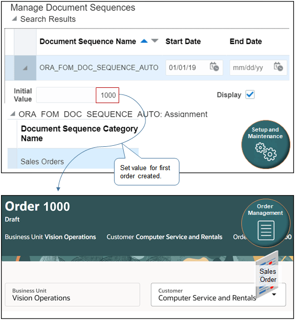set up Order Management so it uses 1,000 as the order number for the first order that your users create on January 1, 2019