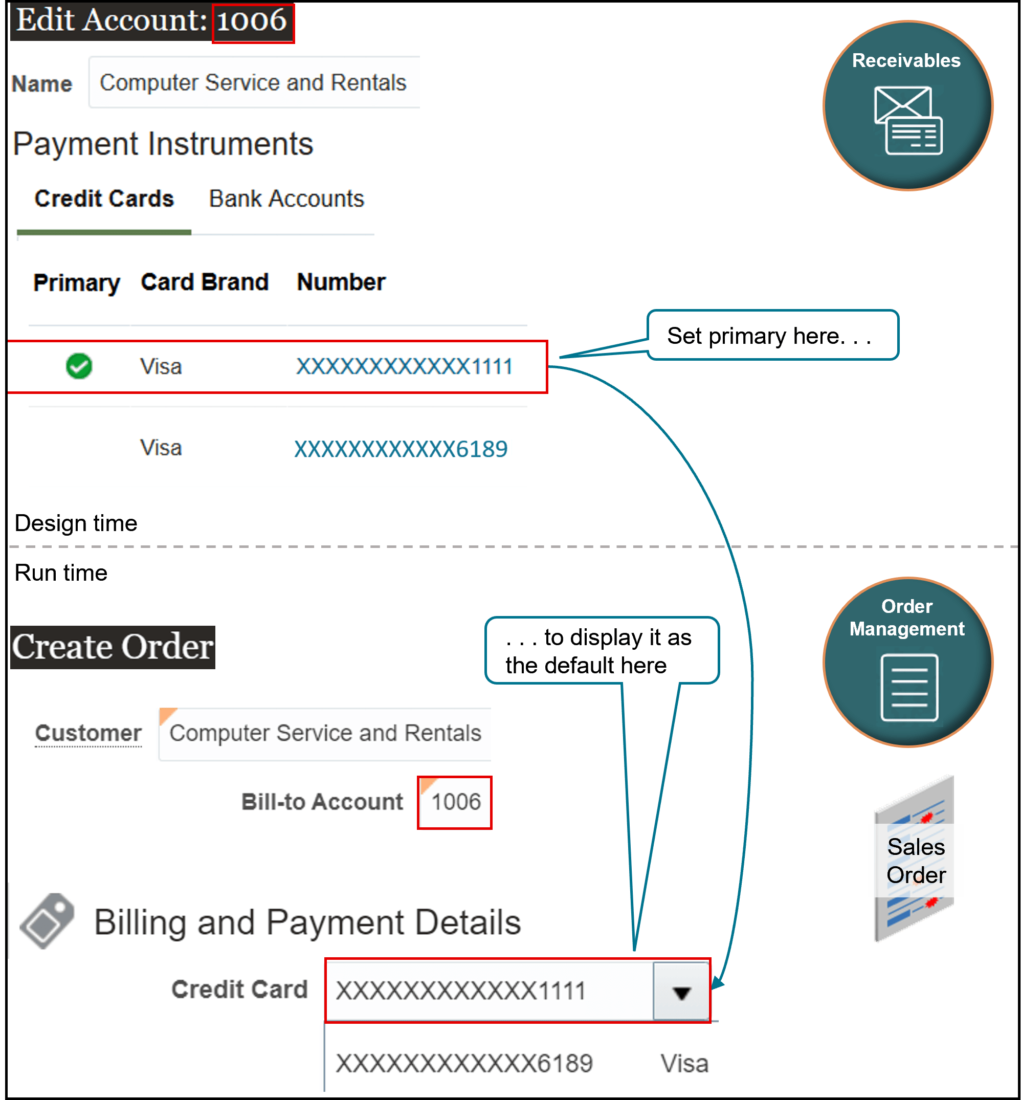 Assume you need to add a credit card for your Computer Service and Rentals customer and make it the primary card.