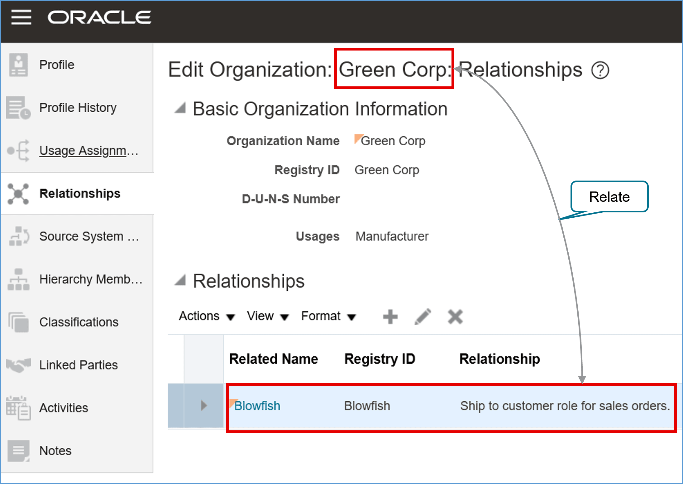 For example, create a relationship between and Green Corp: