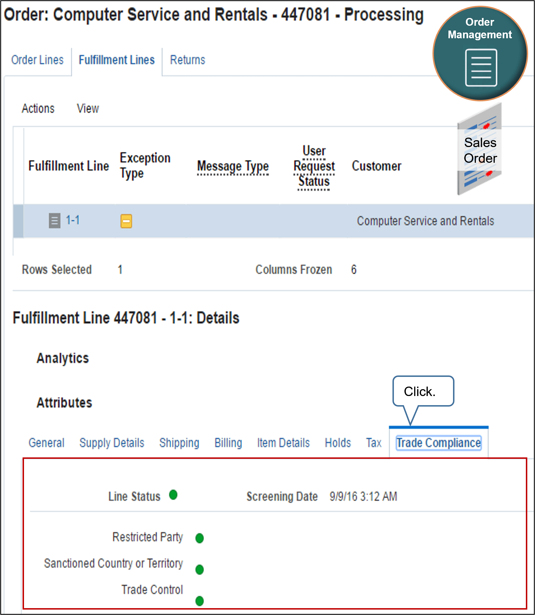 Use the Trade Compliance tab in the detail area.