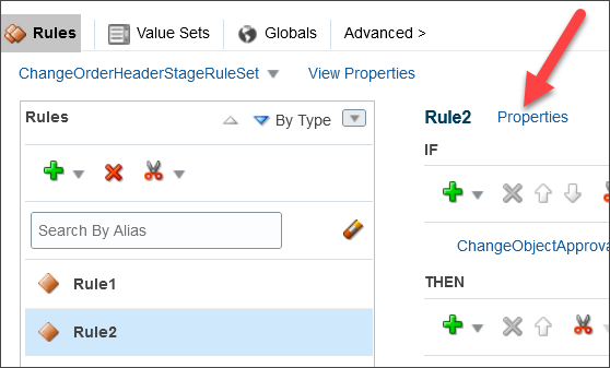 Properties link for a rule