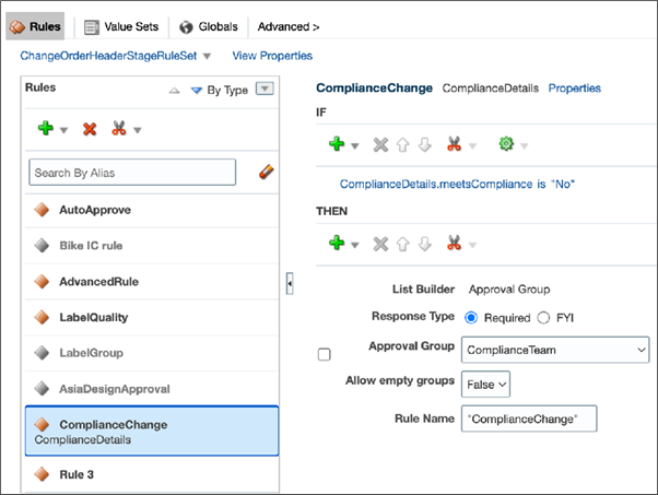The approval rule created to route compliance changes to an approval group