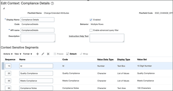The extensible flexfields of the Meet Compliance attribute