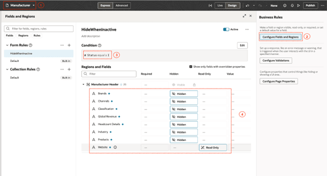 This image displays how Visual Builder can be used to configure manufacturer profile attributes