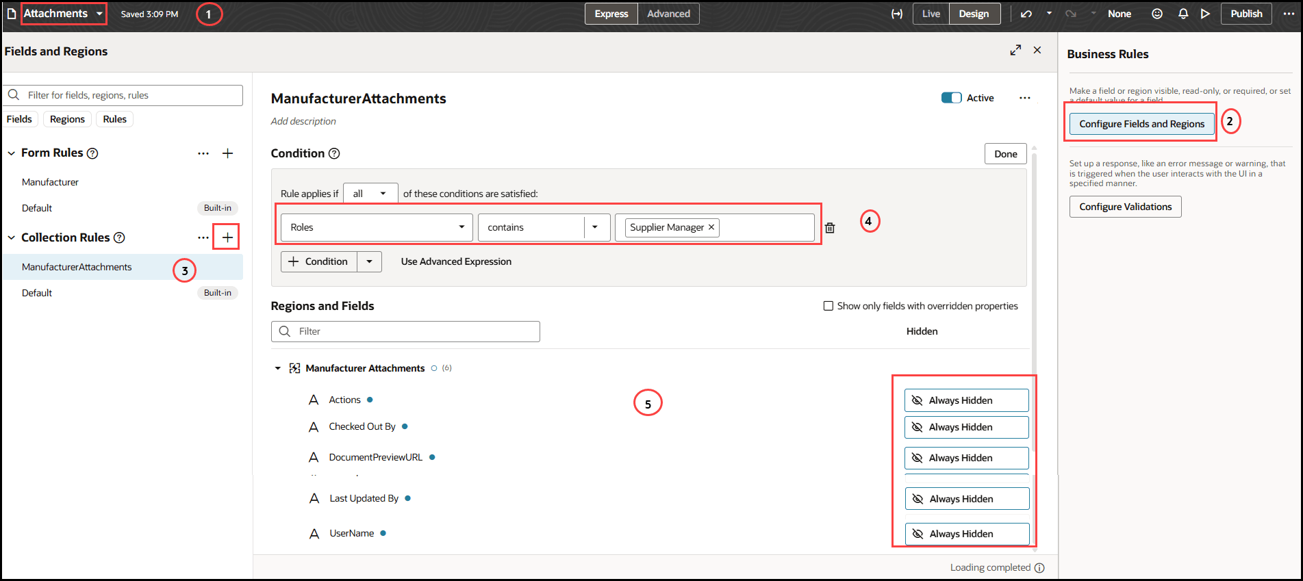 This image shows an example of hiding columns within a table for Manufacturer object