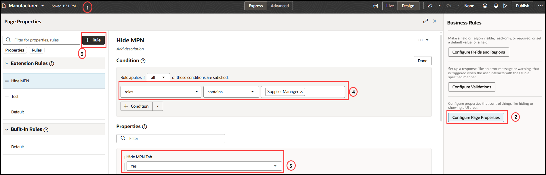 This image shows an example of hiding tab within a tab for Manufacturer object