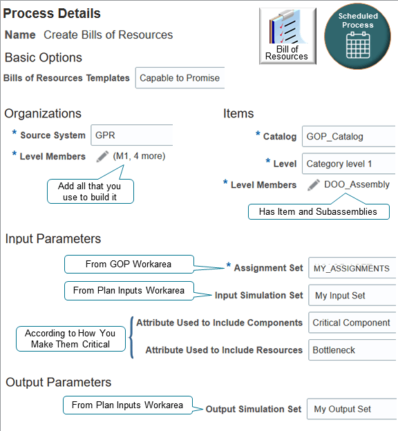 You use the Create Bills of Resources scheduled process.
