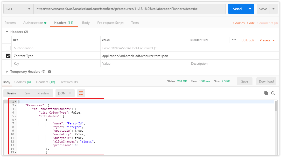 Example of a response in Postman.