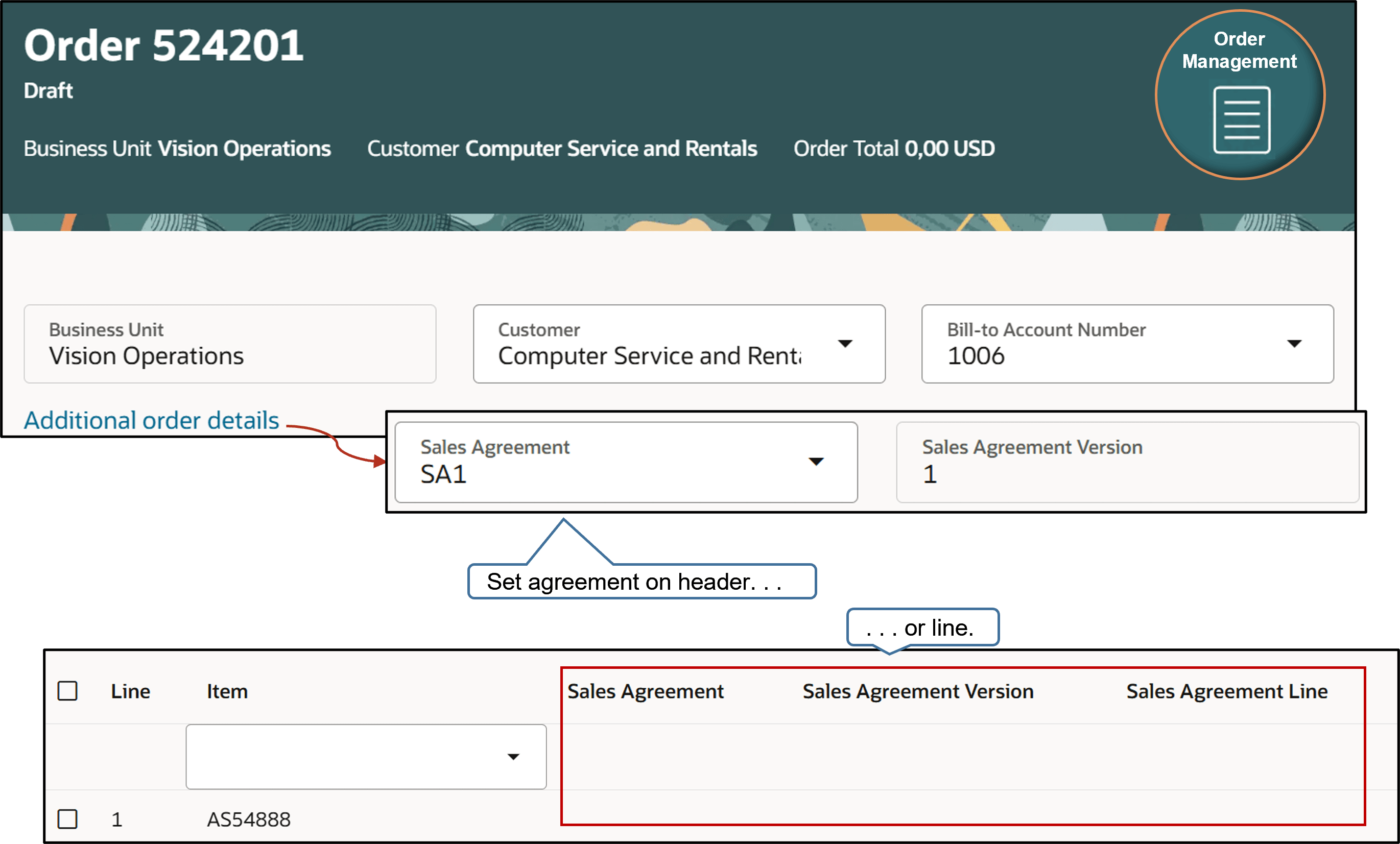 Setting sales agreement attributes on the New Sales Order page