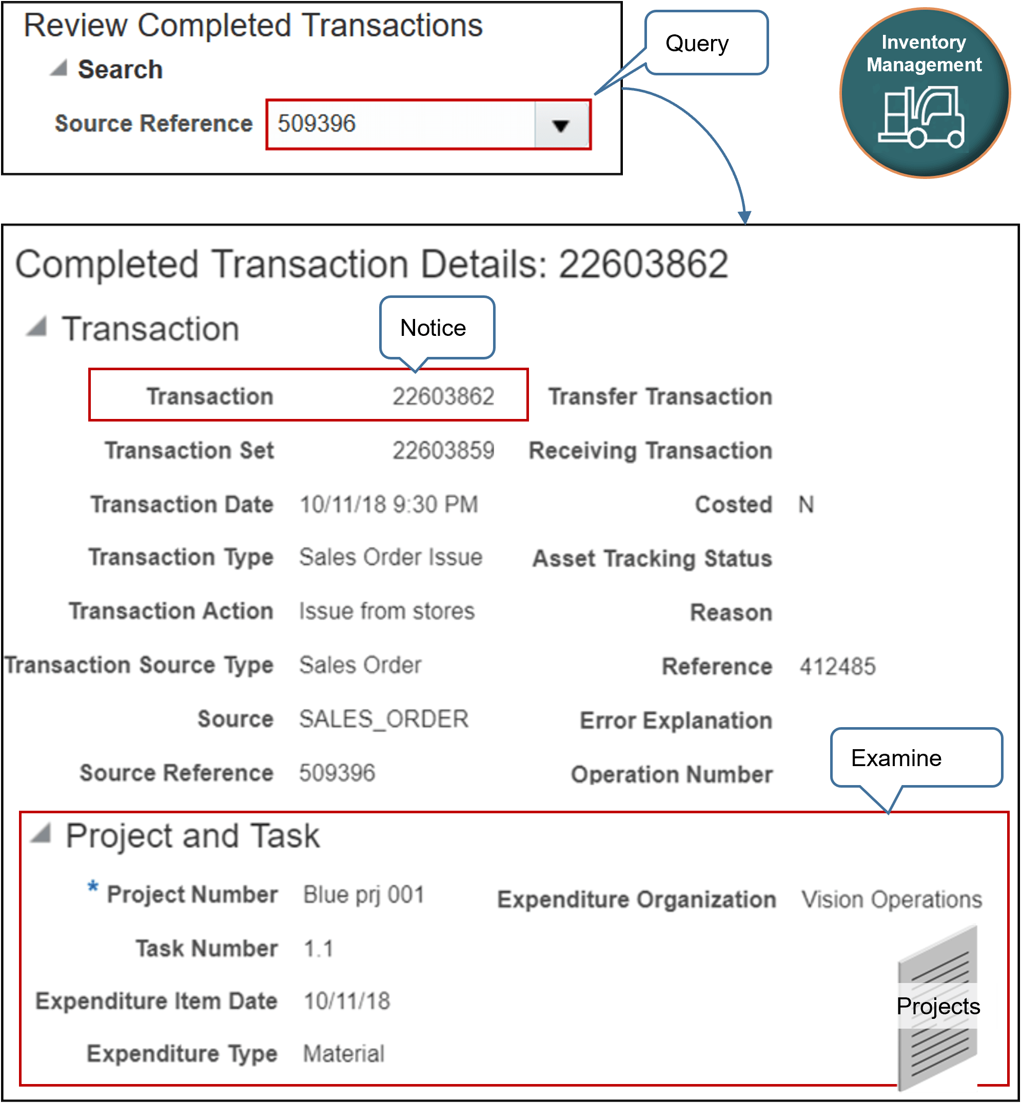 Search the Source Reference for the sales order number, then examine project details.