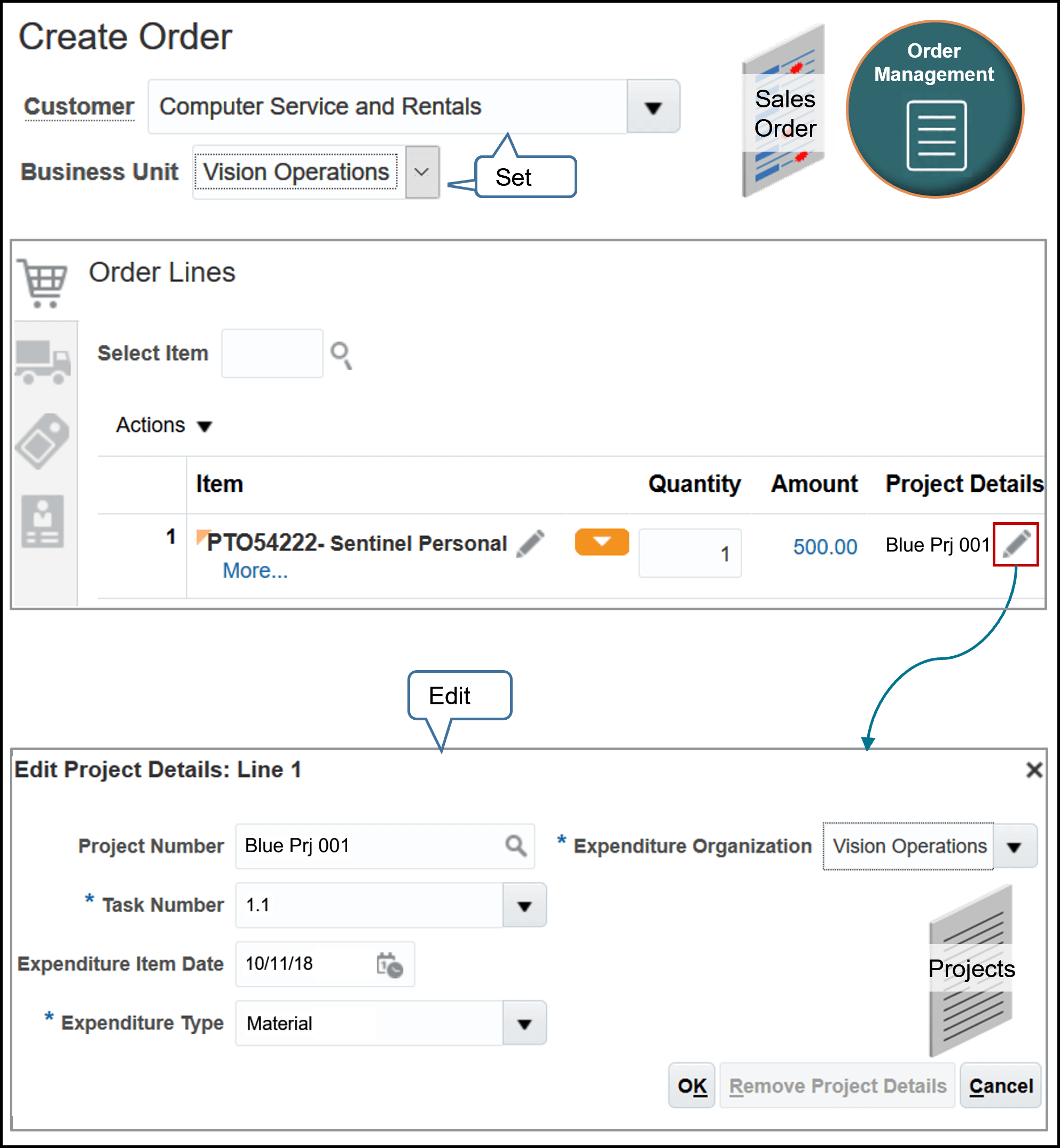 Add project details to your sales order to help process the sales order through the supply chain.