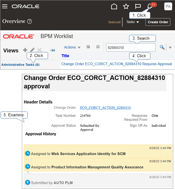 You can use the BPM Worklist to examine details about the approval, such as the status, who the approvers are, the assignee, the approval history, whether the approval was, and so on.