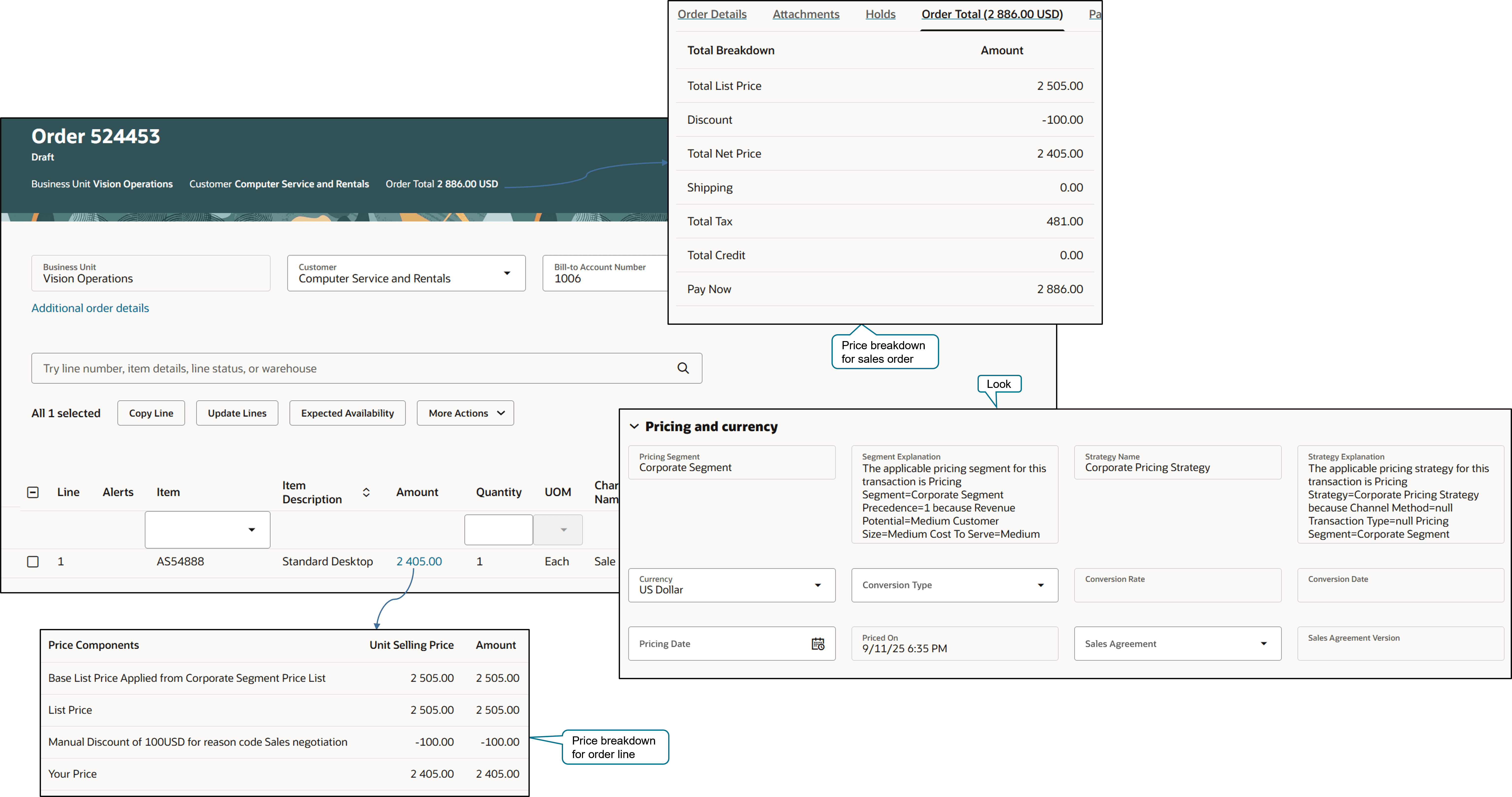 Each sales order includes pricing details.