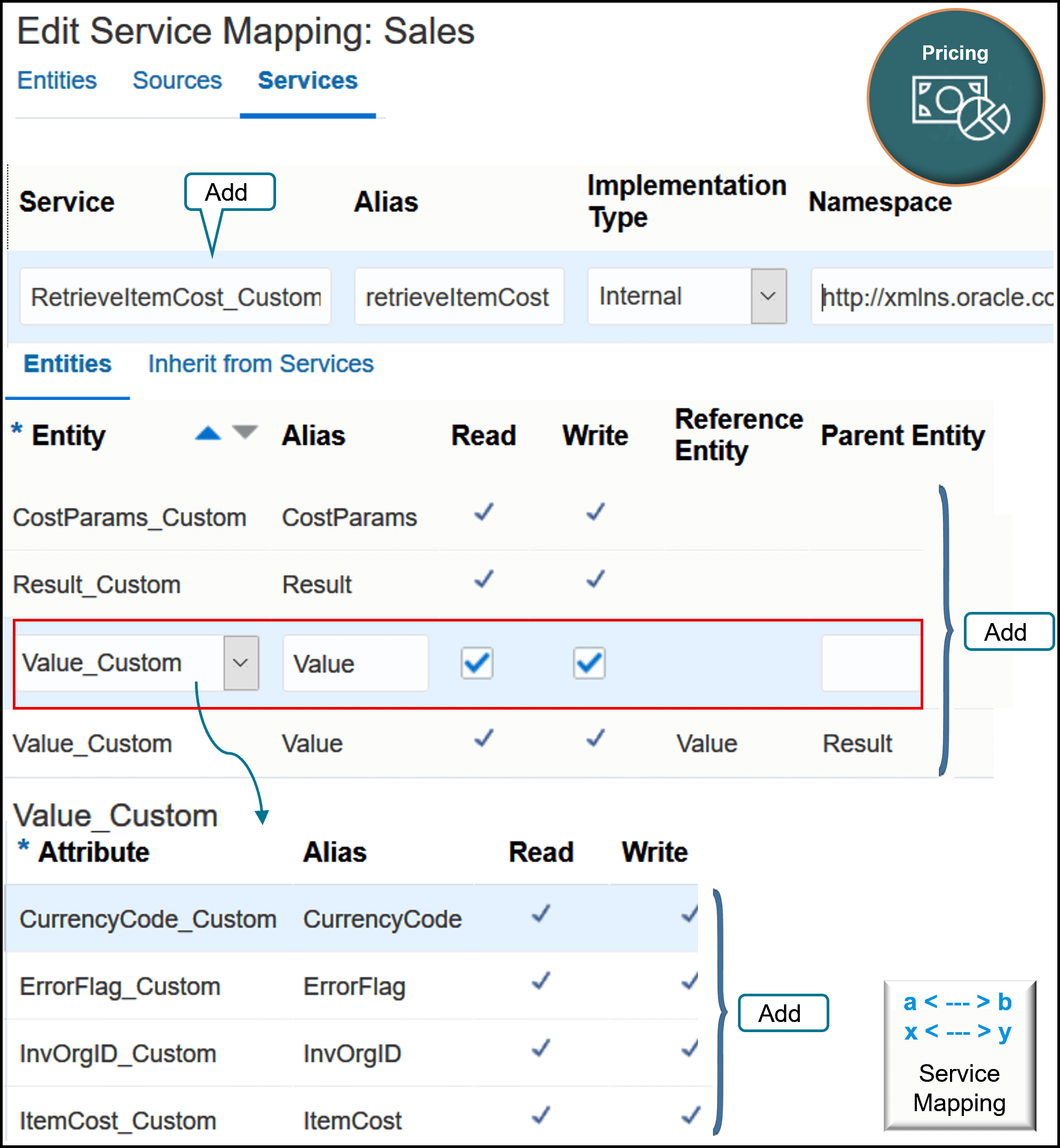 Specify the end point that locates the service, and specify the entities that you will use to communicate details with the service.