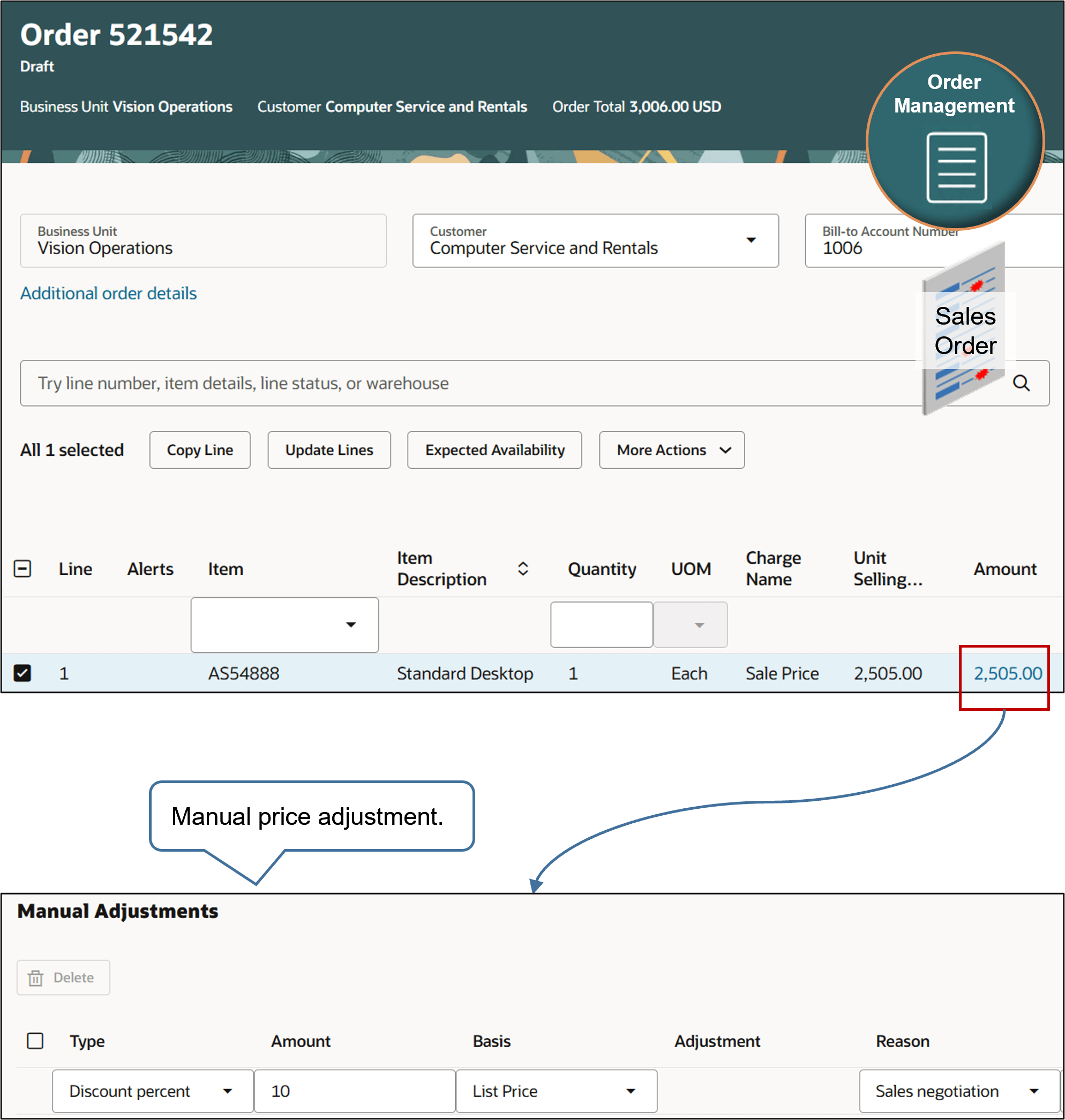 example of a manual price adjustment. The user clicks column on the order line, then adds a 10% percent discount off the list price during a sales negotiation.