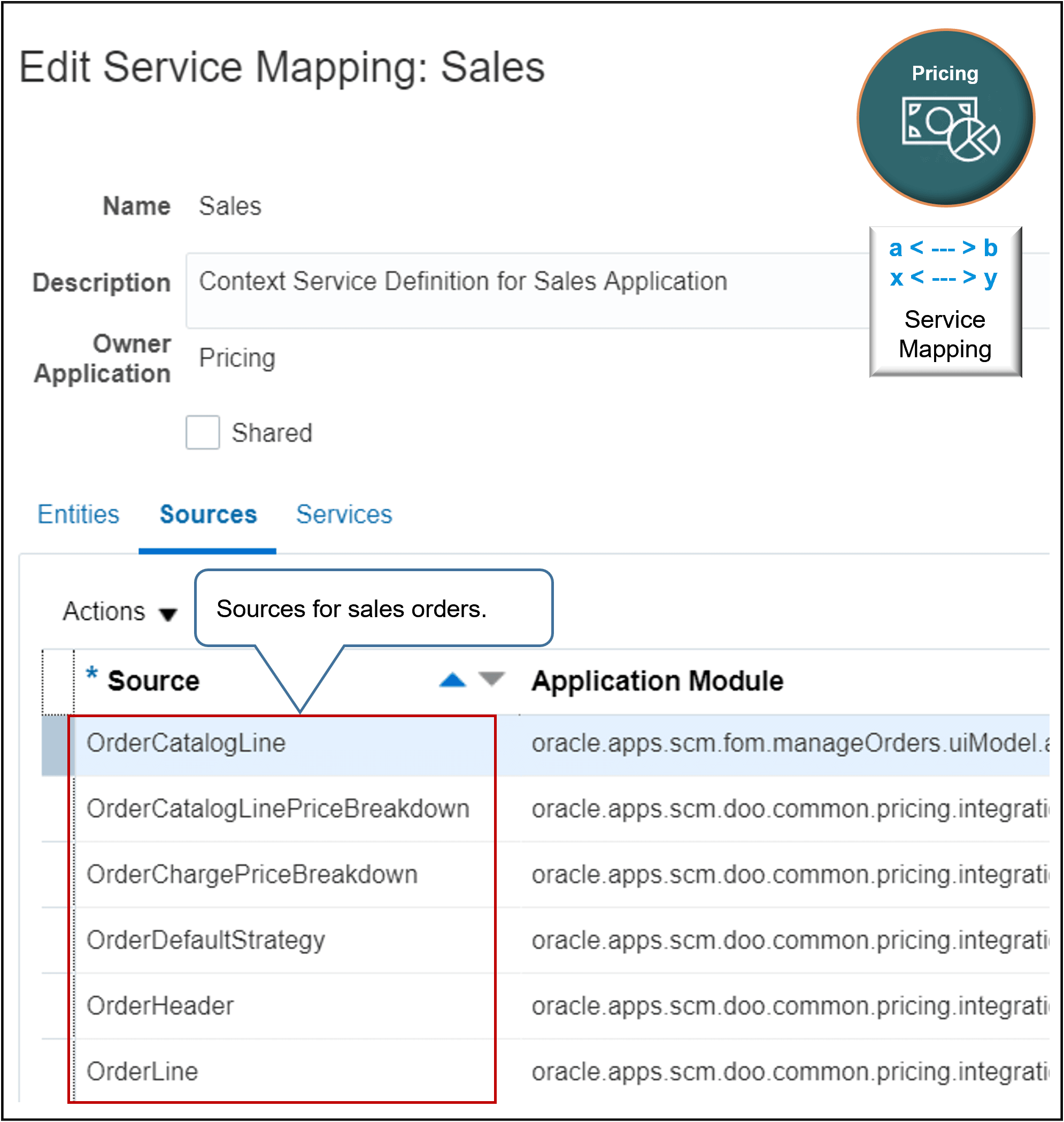 A source is the data source that Pricing uses to create the input service data object when it calls the service on a service mapping.