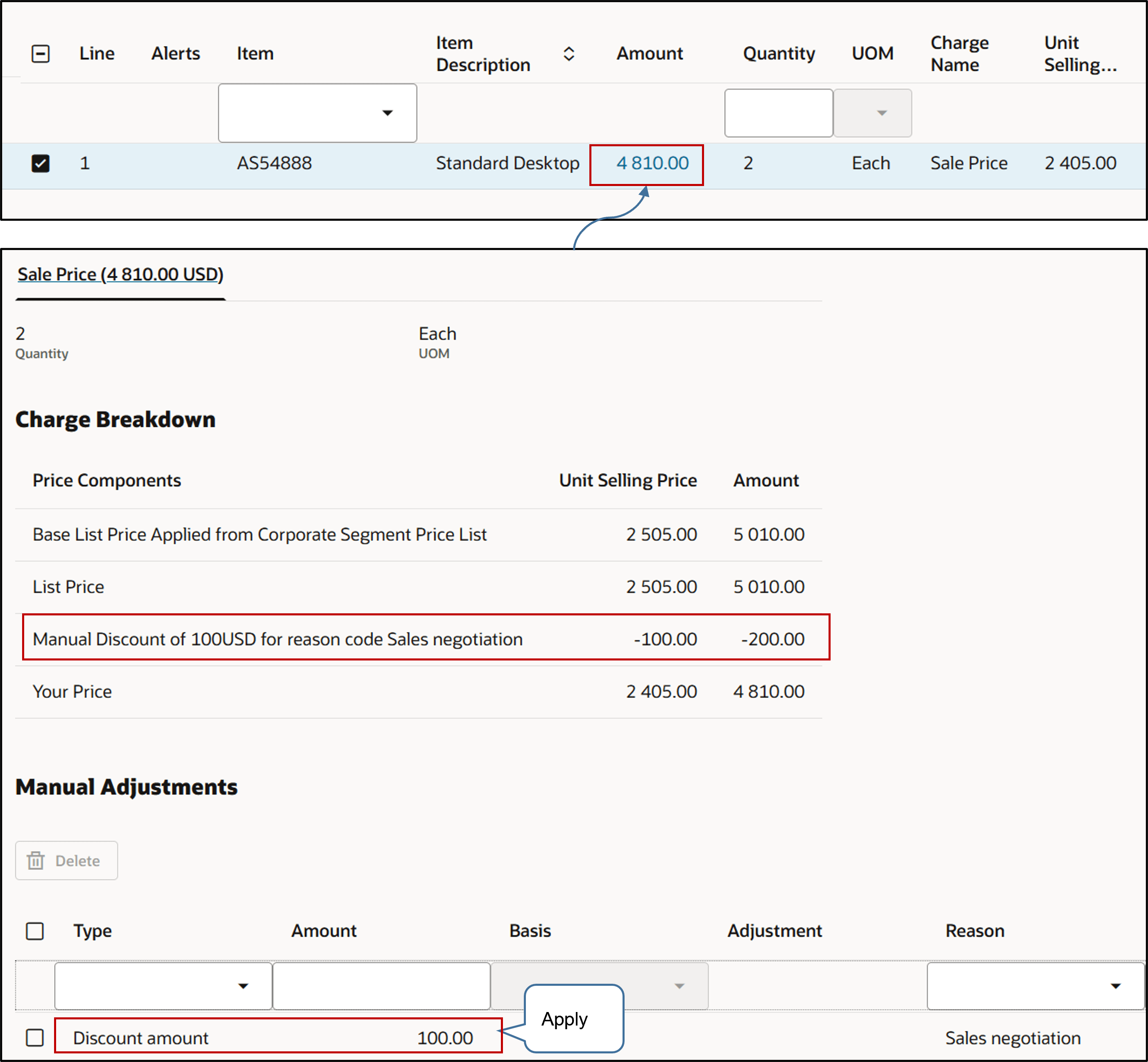The dialog describes the price list and the discount list that Pricing used.