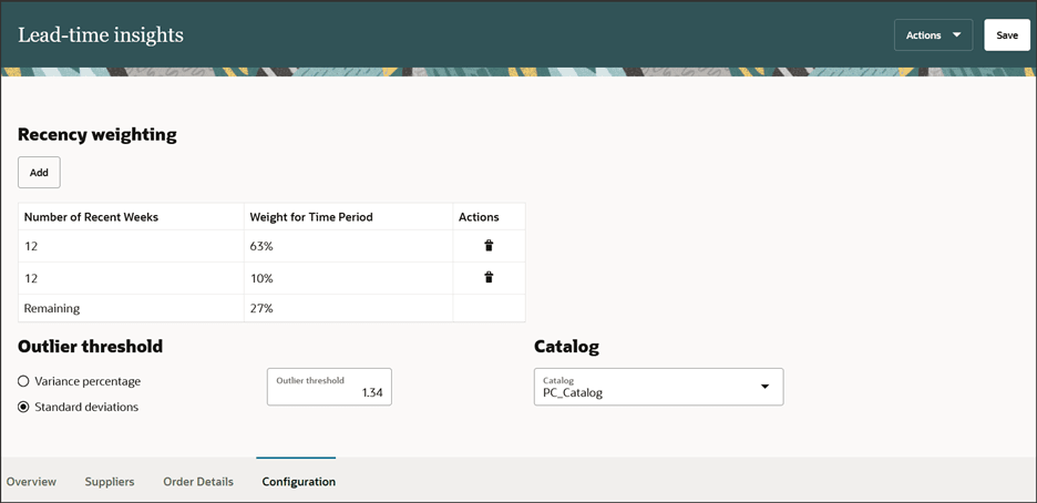 This is a screenshot of the configurations page with recency weighting, outlier threshold, and catalog set.