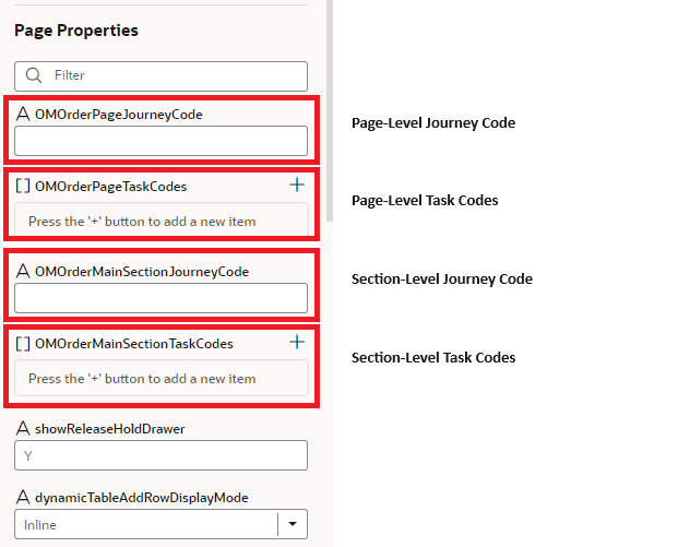 Screenshot of journey code fields in VB Studio. The fields shown in the screenshot are the following: page-level journey code (OMOrderPageJourneyCode), page-level task code (OMOrderPageTaskCodes), section-level journey code (OMOrderMainSectionJourneyCode), and section-level task codes (OMOrderMainSectionTaskCodes).