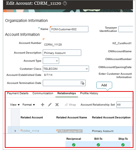 In the search results, click the link in the Account Number column, such as CDRM_11120