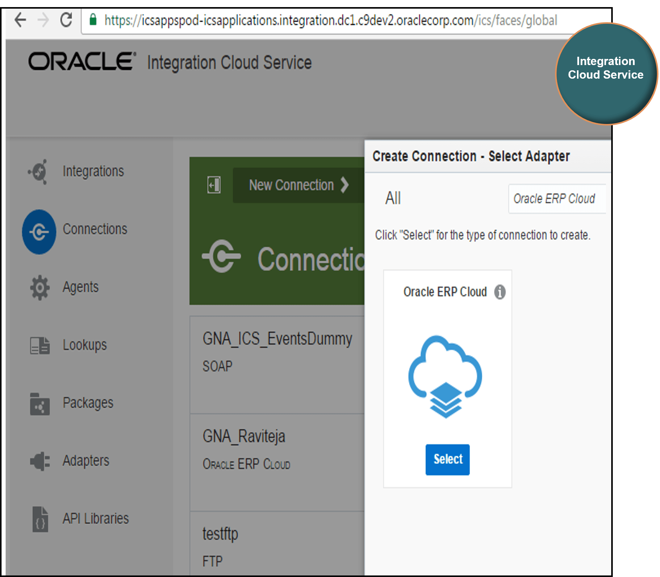 Click Connections, search for Oracle ERP Cloud, then click Select.