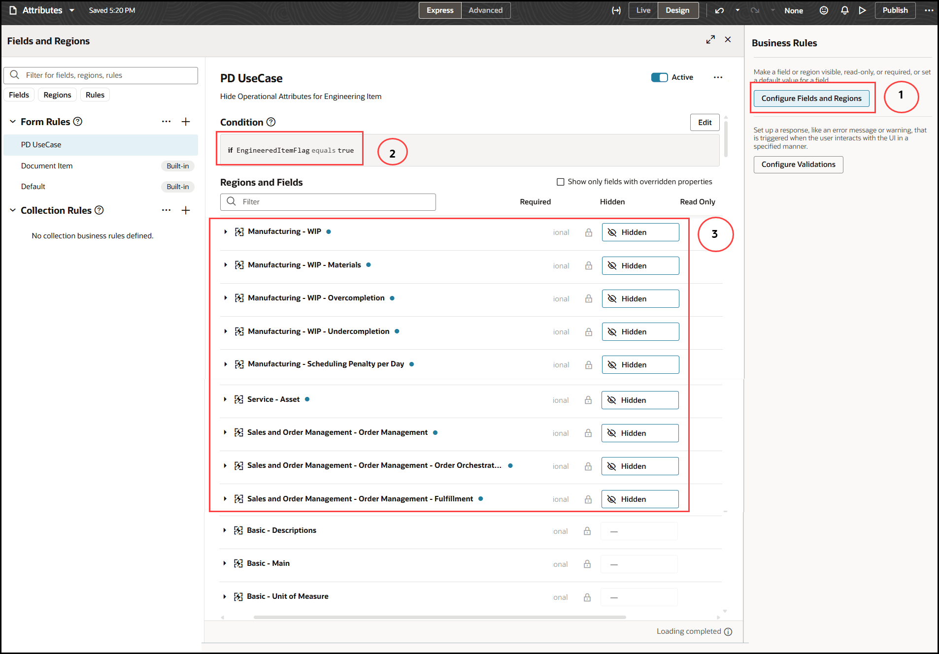 This image shows an example of hiding attribute groups for an engineering item.