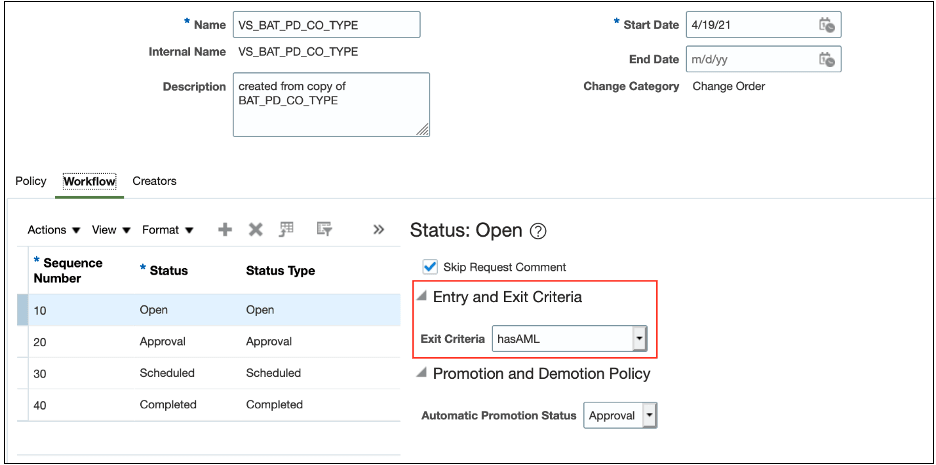This image shows the exit criteria for status change