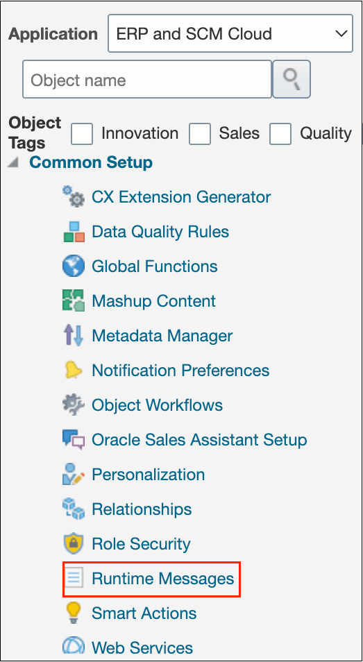 This image displays the runtime messages in the common setup node of Application Composer