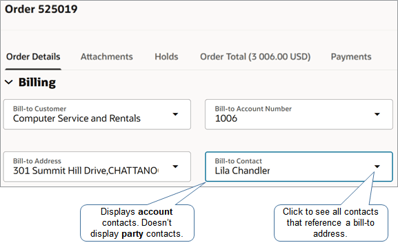 Contact in the area displays account contacts.