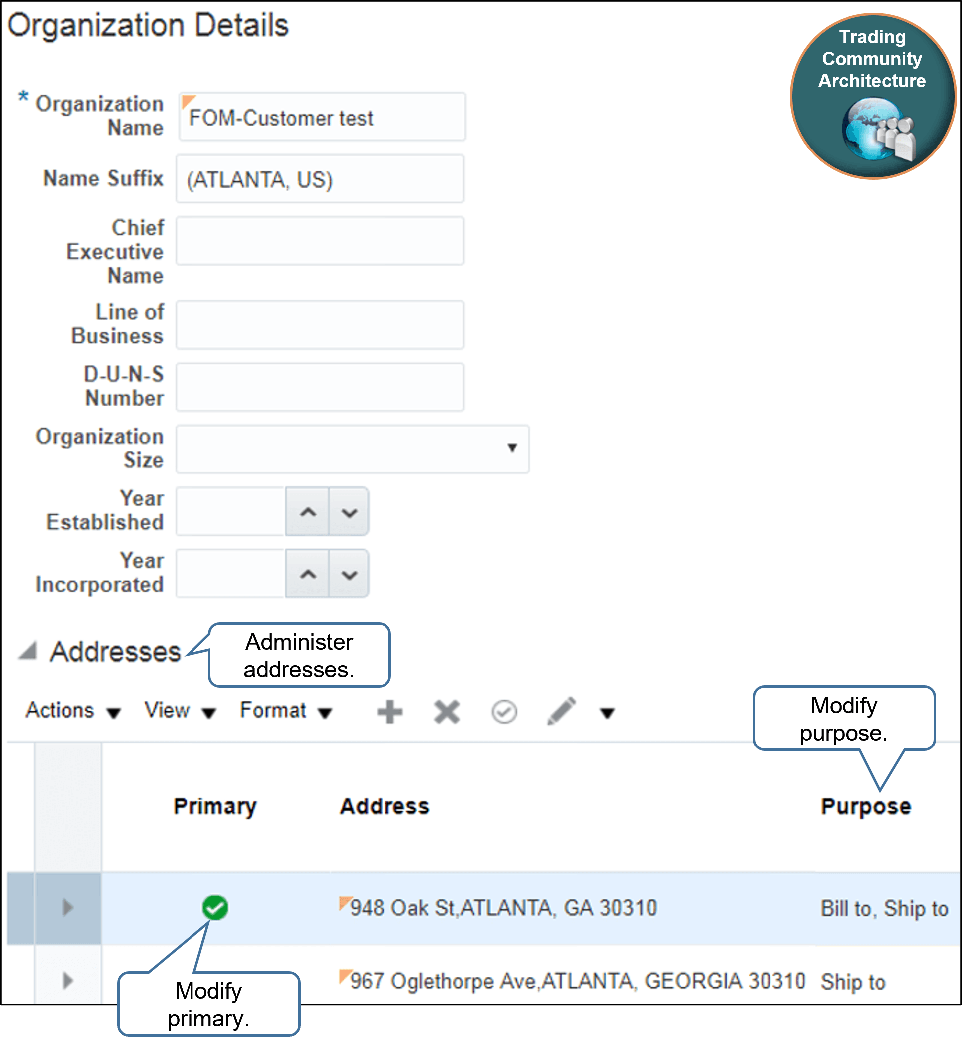 Use page Organization Details to manage the party profile.