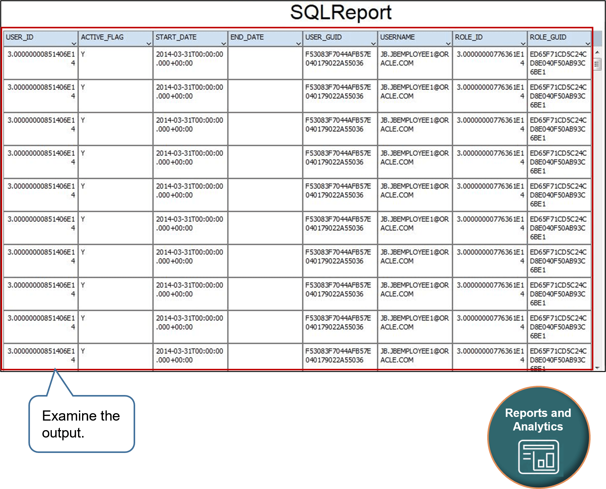 Examining the results on the report output that displays.