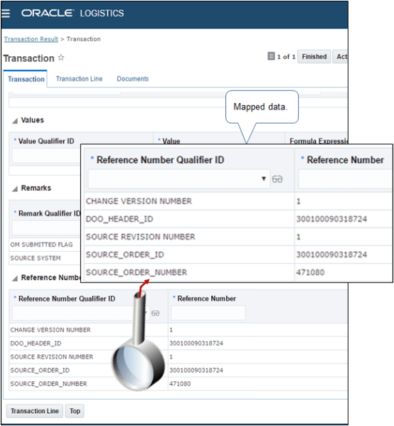 On the Transaction page, examine the mapped data.