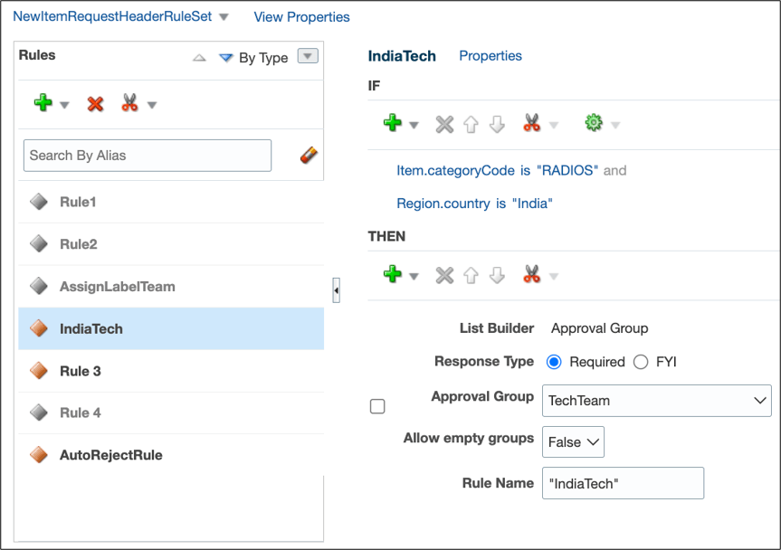 An image that shows the rule added fore new item request in BPM Worklist