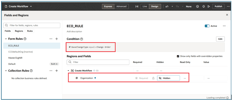 This image shows how Visual Builder can be used to configure change order attributes.
