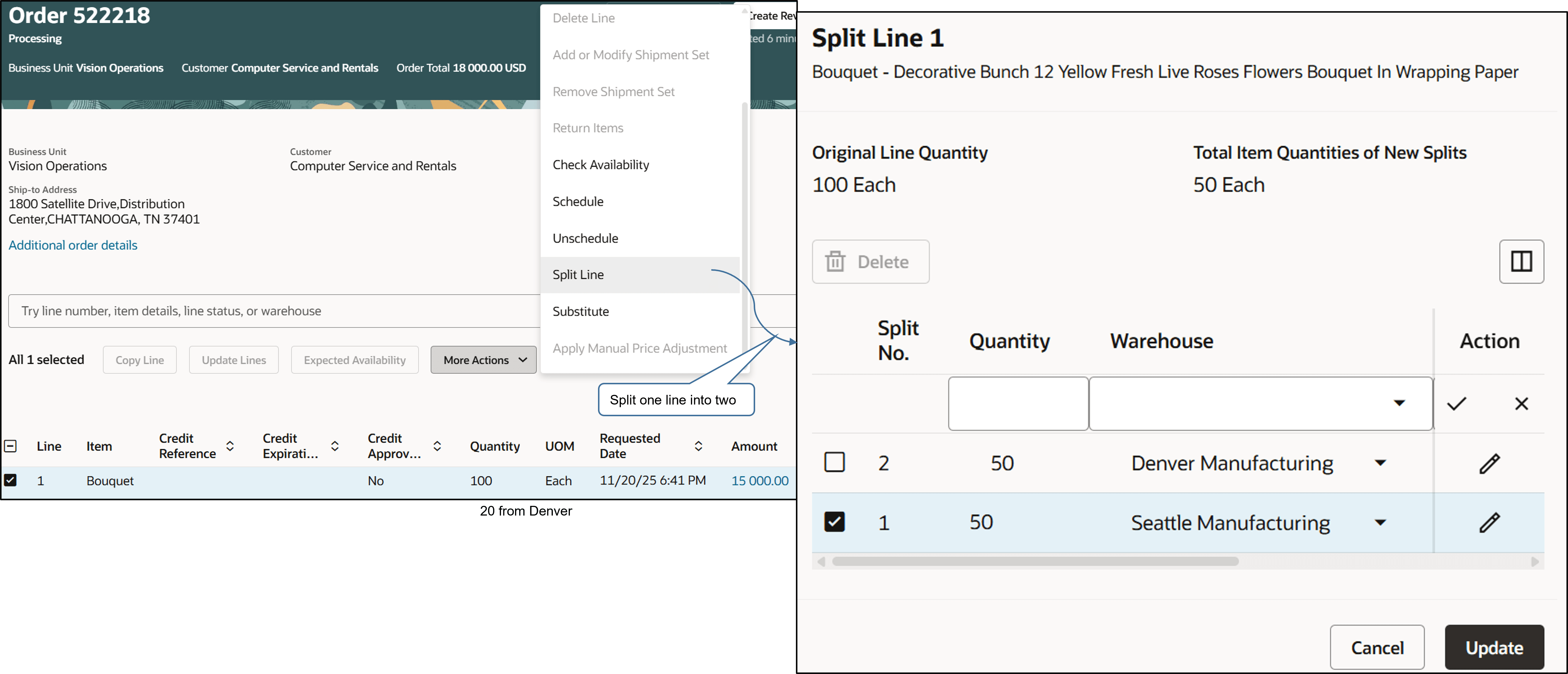 Splitting an order line