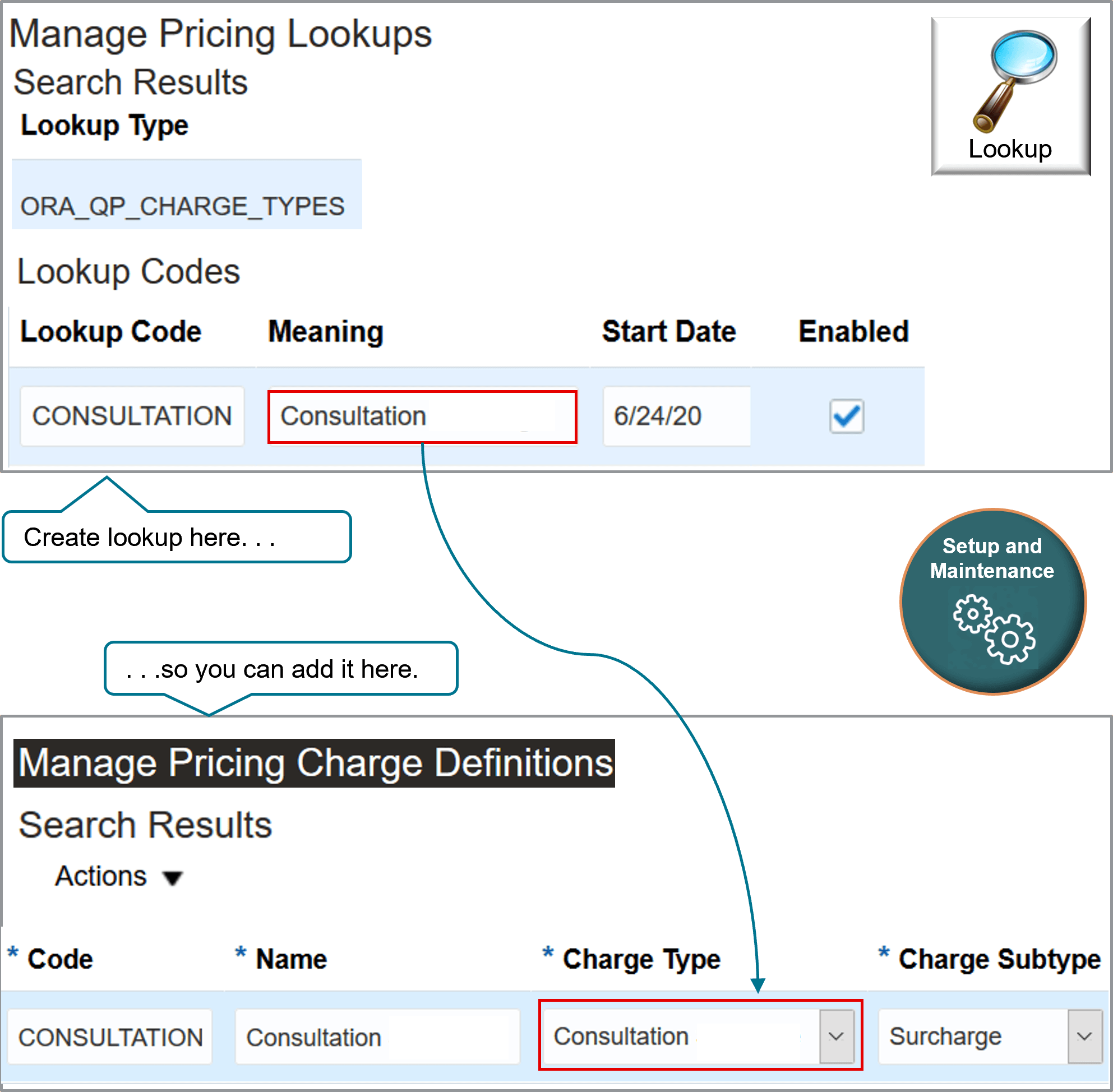 Use Manage Pricing Lookups page to add lookup to a charge type, select that lookup when you set up a charge definition on the Manage Pricing Charge Definitions page.