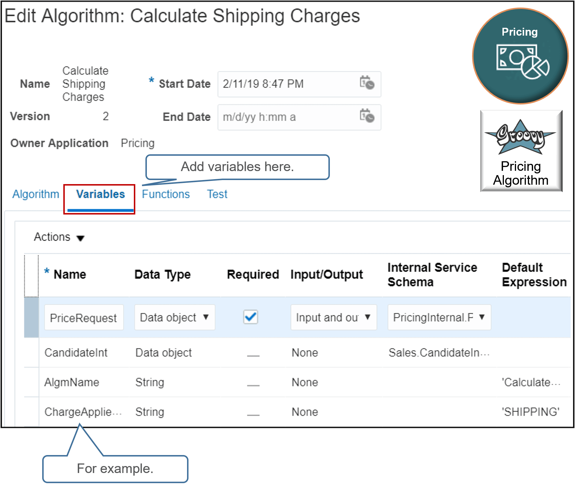 A variable in a pricing algorithm stores a value that can change depending on conditions or details that pass through each algorithm step.
