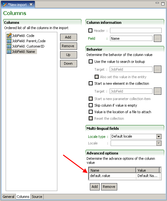 Image showing the New Import Columns window.