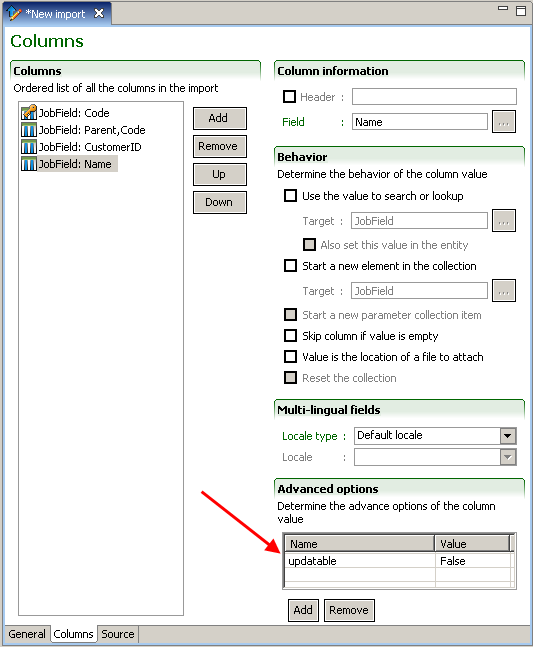 Image showing the New Import Columns window.