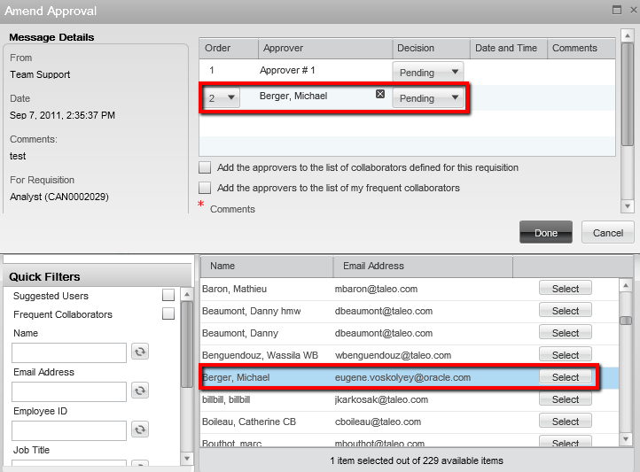 Image showing the Amend Approval window and how to add approvers to an existing approval path.