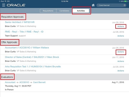 The image shows the Activities tab and its three sections which are Requisition Approvals, Offer Approvals and Evaluations.