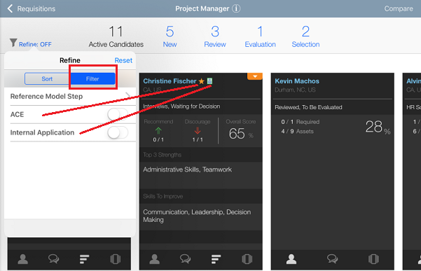 The image shows how an ACE candidate and Internal Application are denoted on the candidate card.