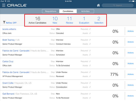 The image highlights the five different statuses or categories at the top of the Mobile application.
